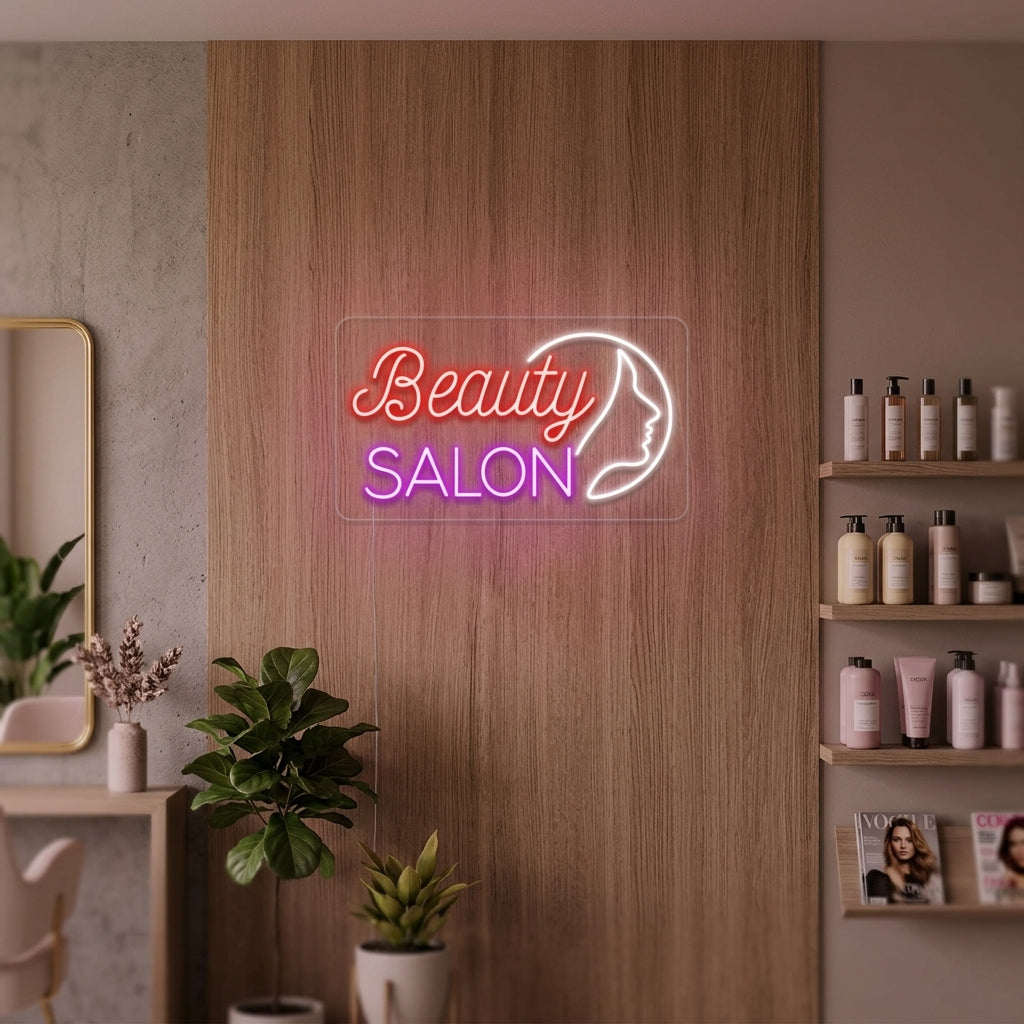 Glamorous Hair Salon Beauty Salon Girl Face neon sign in bright pink, illuminating a modern salon space
