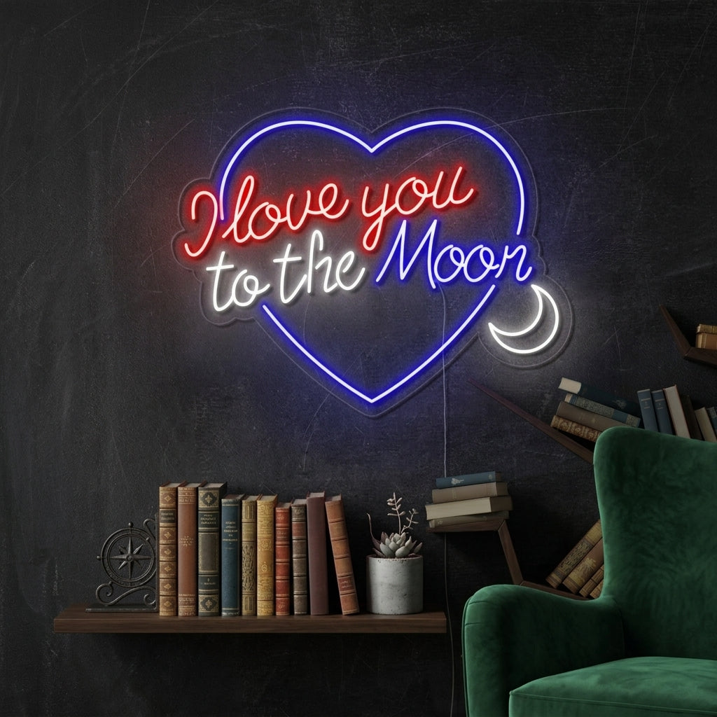 A "Love You To The Moon And Back" neon sign glowing warmly above a styled mantelpiece.