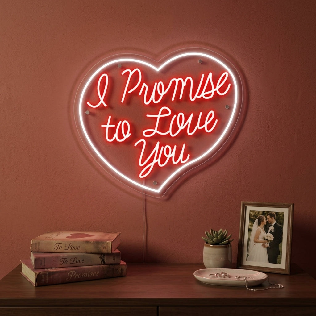A romantic I Promise To Love You neon sign in warm white cursive font, hanging on a rustic brick wall in a bedroom setting, casting a soft glow above a made bed.