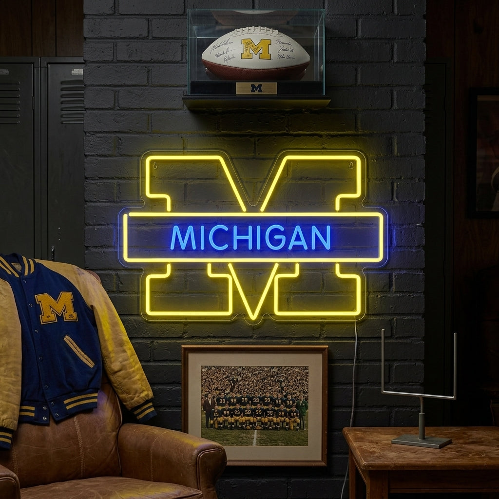 A close-up photograph of a vibrant blue and yellow Michigan M neon sign mounted on a brick wall, casting a warm glow in a cozy living room setting.