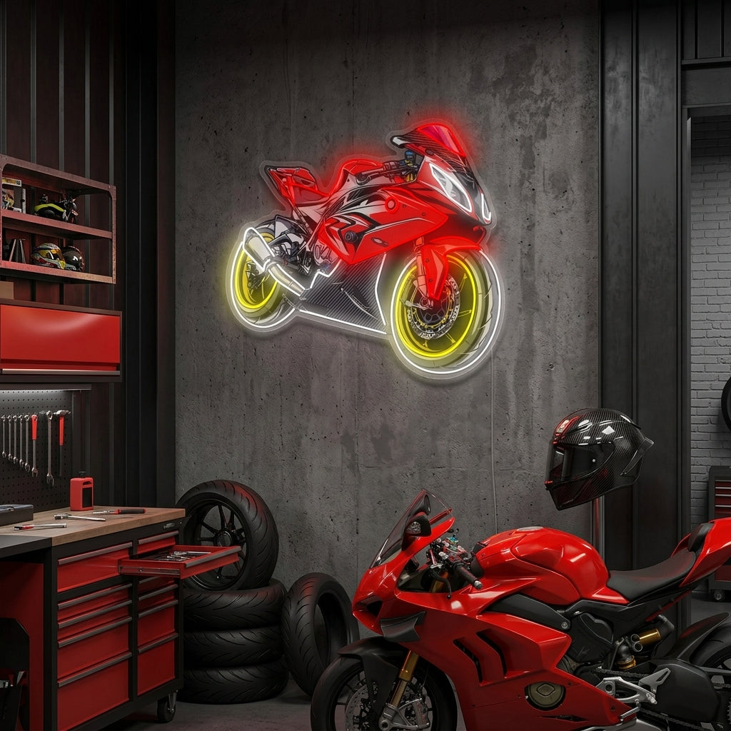 A glowing motorcycle neon sign mounted on a dark brick wall in a rustic, well-decorated garage workshop
