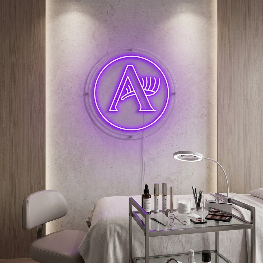 The "Beauty Eye Slash" neon sign glows vibrantly on a textured wall in a modern beauty salon setting.