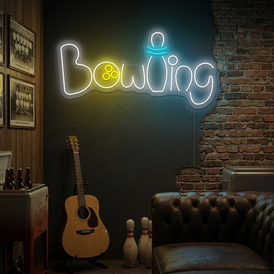 A glowing 'Bowling' neon sign featuring red and white light displaying a classic bowling pin and ball motif in a retro style.
