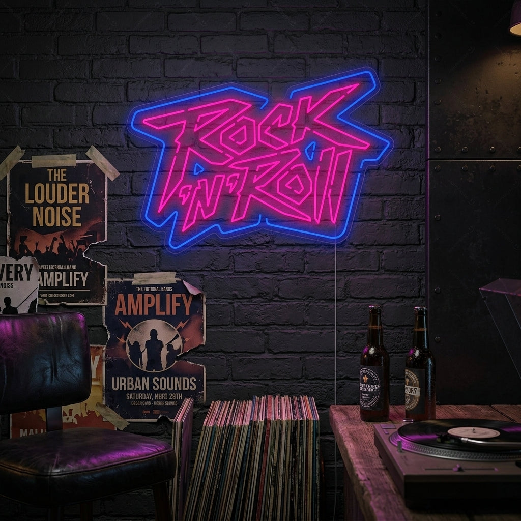 A vibrant 'Rock n Roll' neon sign with a lightning bolt graphic, glowing brightly above a cozy bed and bedside table with music-themed decor.