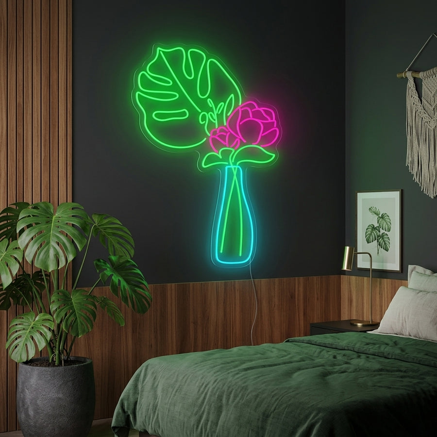 A 'Flower In Vase' neon sign glowing on a textured bedroom wall above a nightstand.