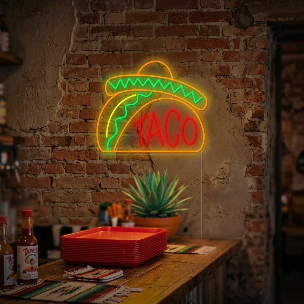 A vibrant Mexican Taco neon sign glowing on a textured brick wall in a busy restaurant, showing the full taco design and colorful glow.