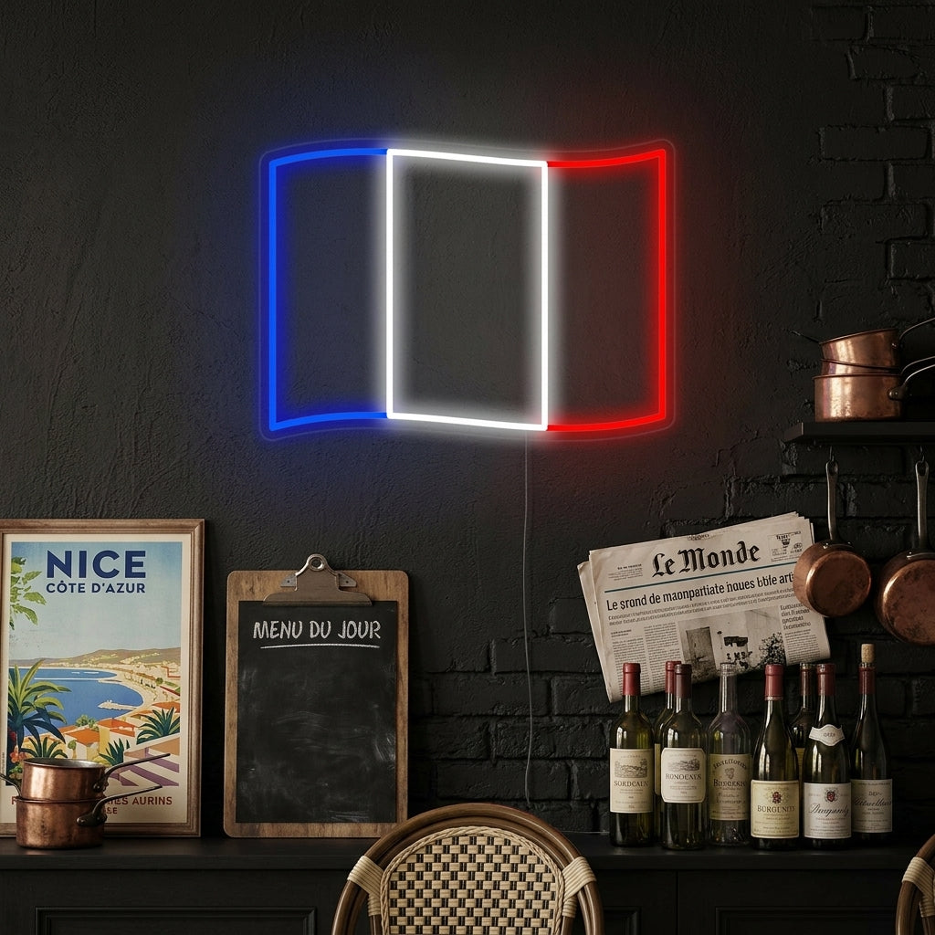 A stunning 'Flag of France' neon sign glowing brightly in a modern lifestyle room setting.