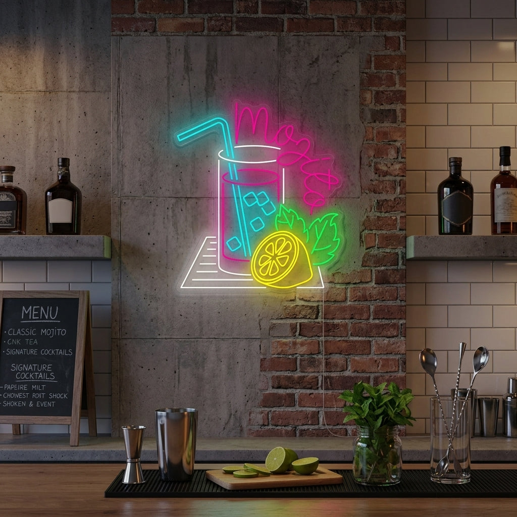 A vibrant 'Mojito' neon sign glowing in green script with a lime wedge graphic, mounted on a rustic wood plank wall above a well-stocked home bar.
