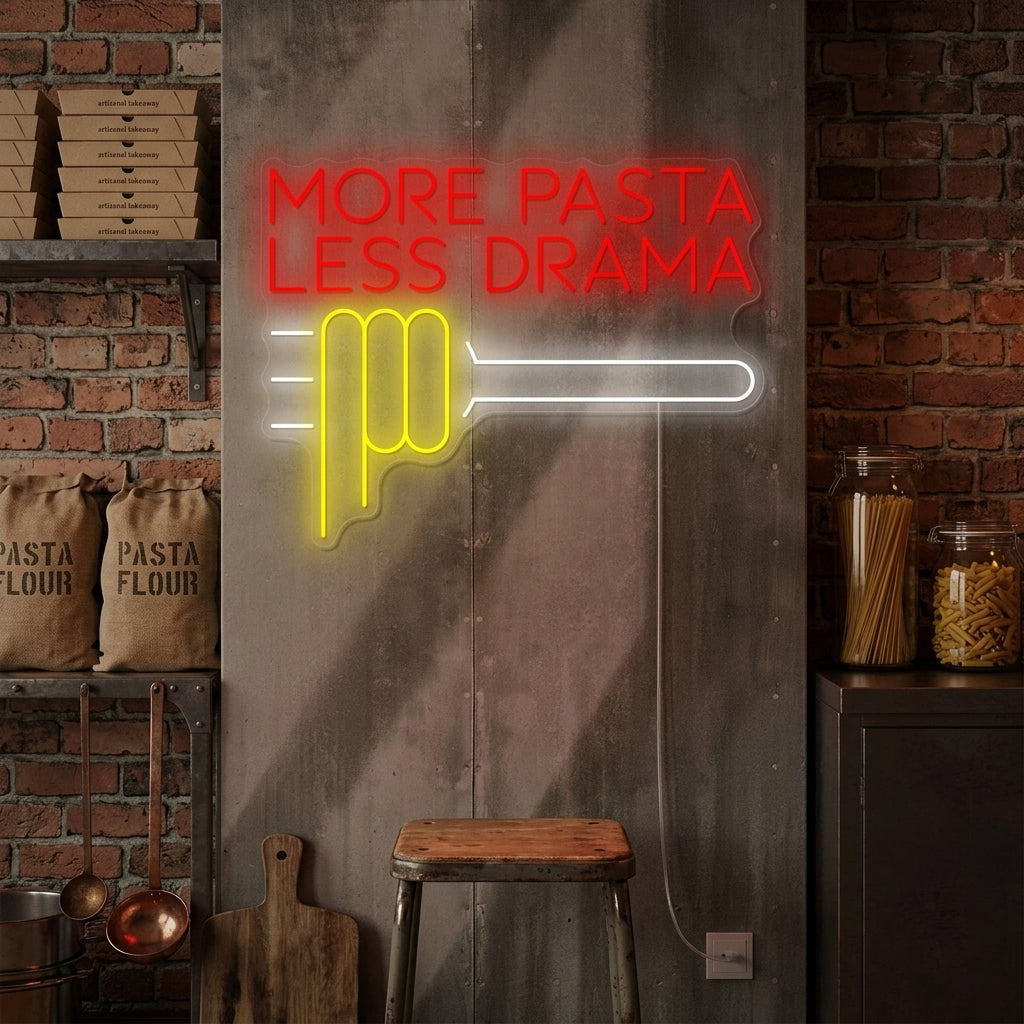A lifestyle photo of a lit neon sign that reads 'More Pasta Less Drama' mounted on a tiled wall above a table in a stylish restaurant setting.
