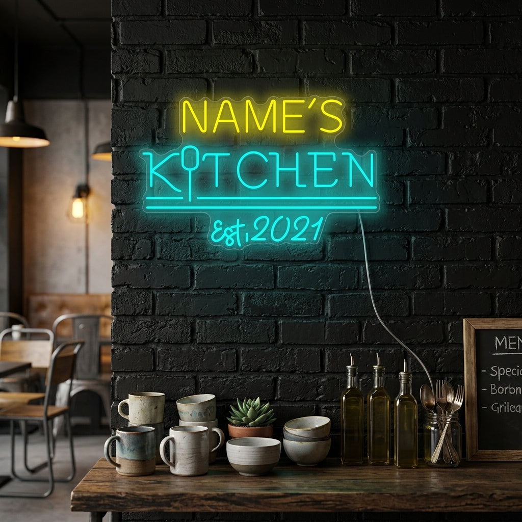 A custom-designed illuminated neon sign displaying a unique kitchen logo, glowing on a home kitchen wall.