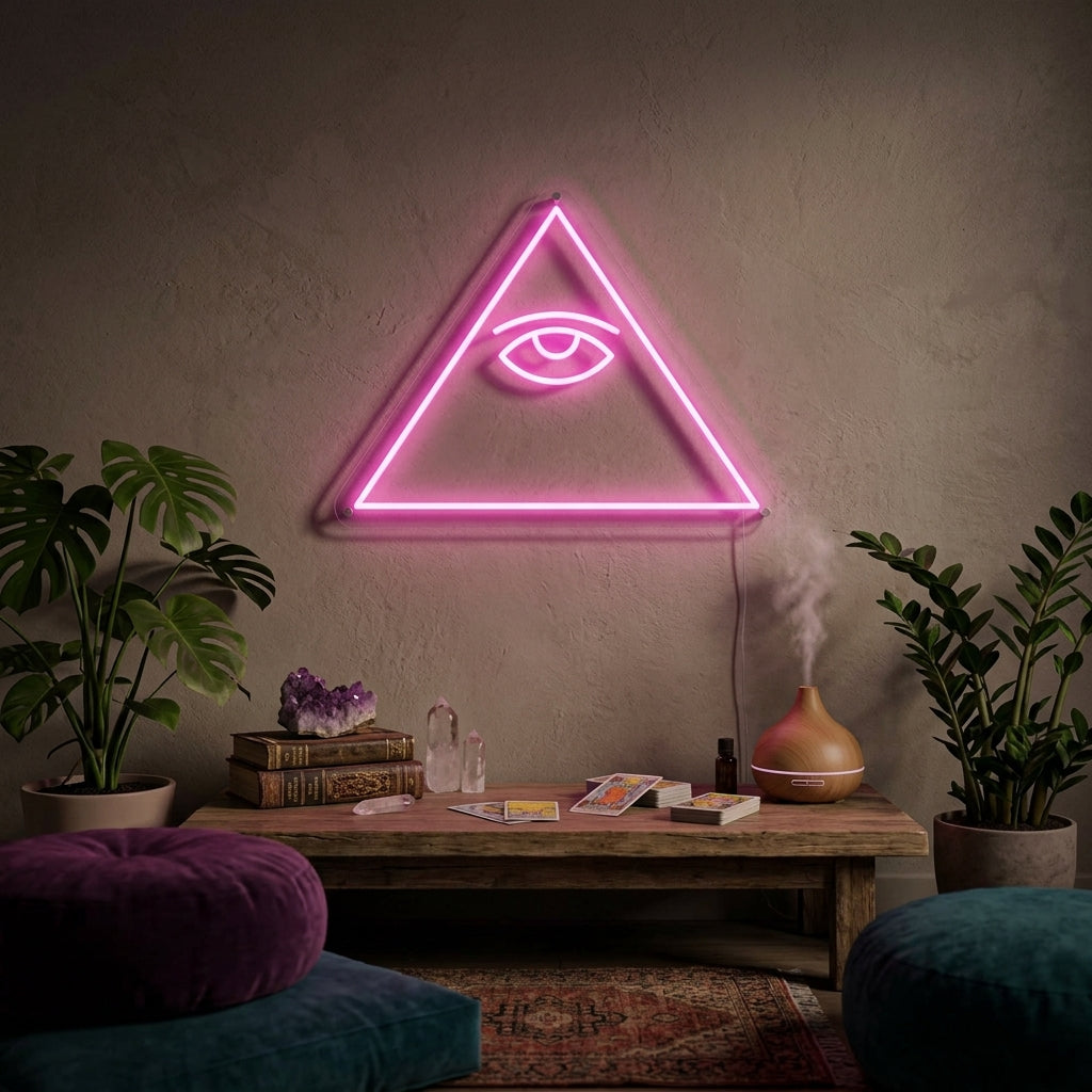 A stylized, glowing 'Psychic Eye' neon sign on a wall, showcasing the All-Seeing Eye design and a visible power cord.