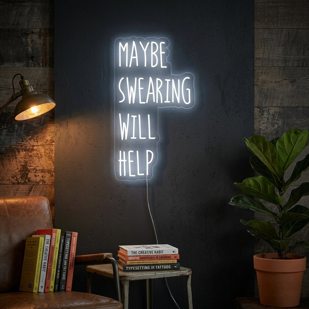 Maybe Swearing Will Help Neon Sign on a concrete wall above a sofa