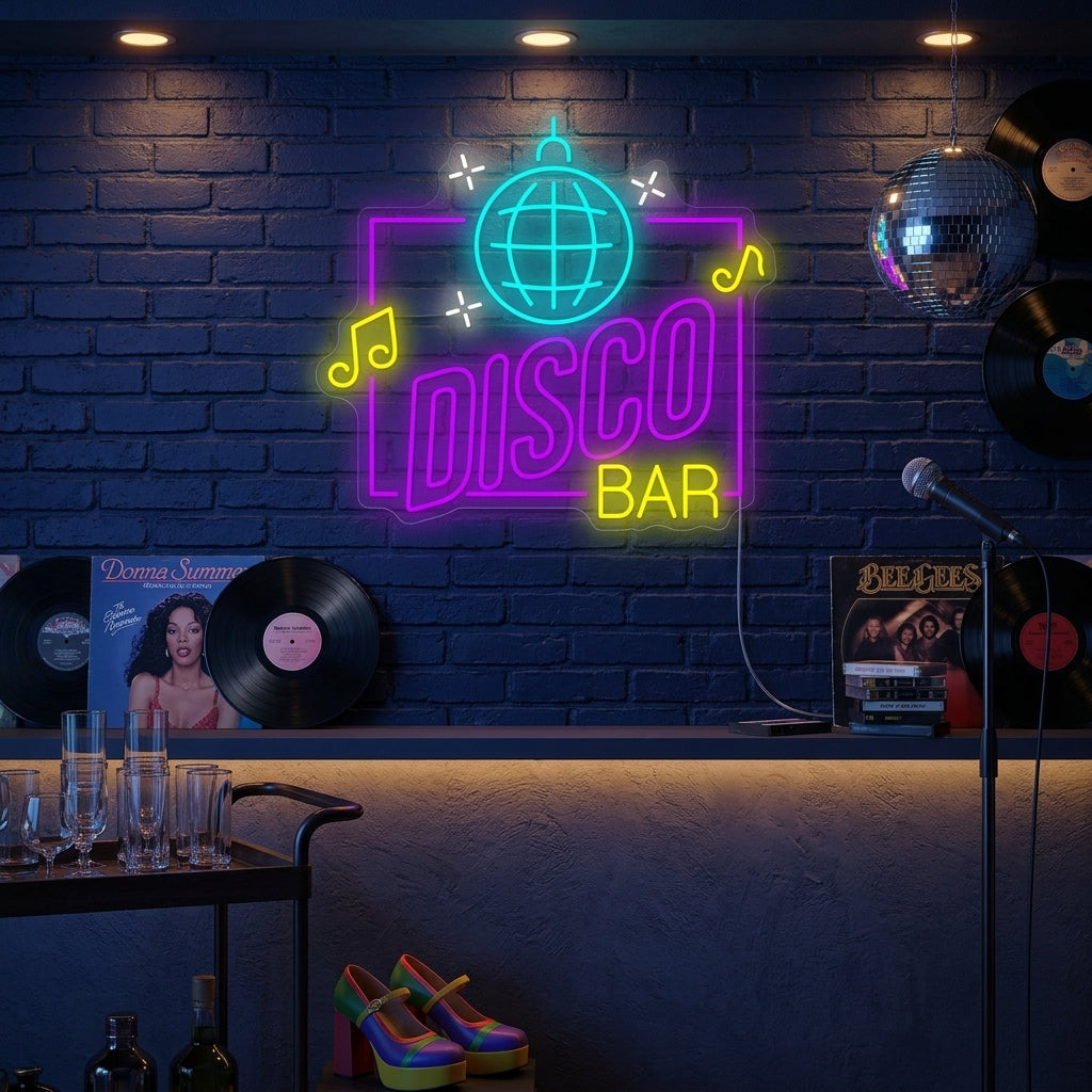 A vibrant 'Disco Bar' neon sign with pink and blue glowing text hangs on a brick wall above a cozy lounge seating area.