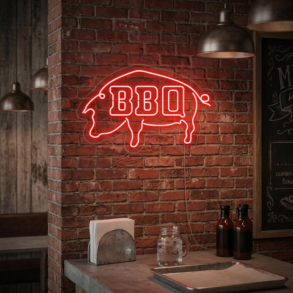 A glowing LED BBQ neon sign on a weathered brick wall above a prep station with sauces and rubs.