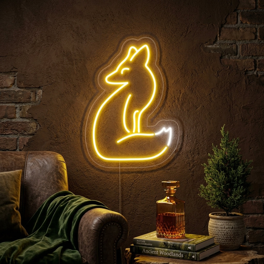 A cozy living room wall featuring a glowing orange neon sign in the shape of a fox's head, mounted above a velvet sofa.
