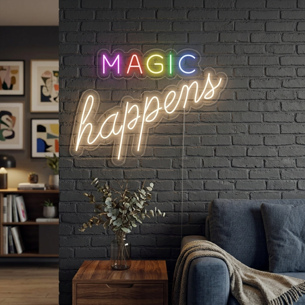 A cozy, modern living room with a bright pink 'Magic Happens' neon sign mounted on a textured brick wall, illuminating the space.