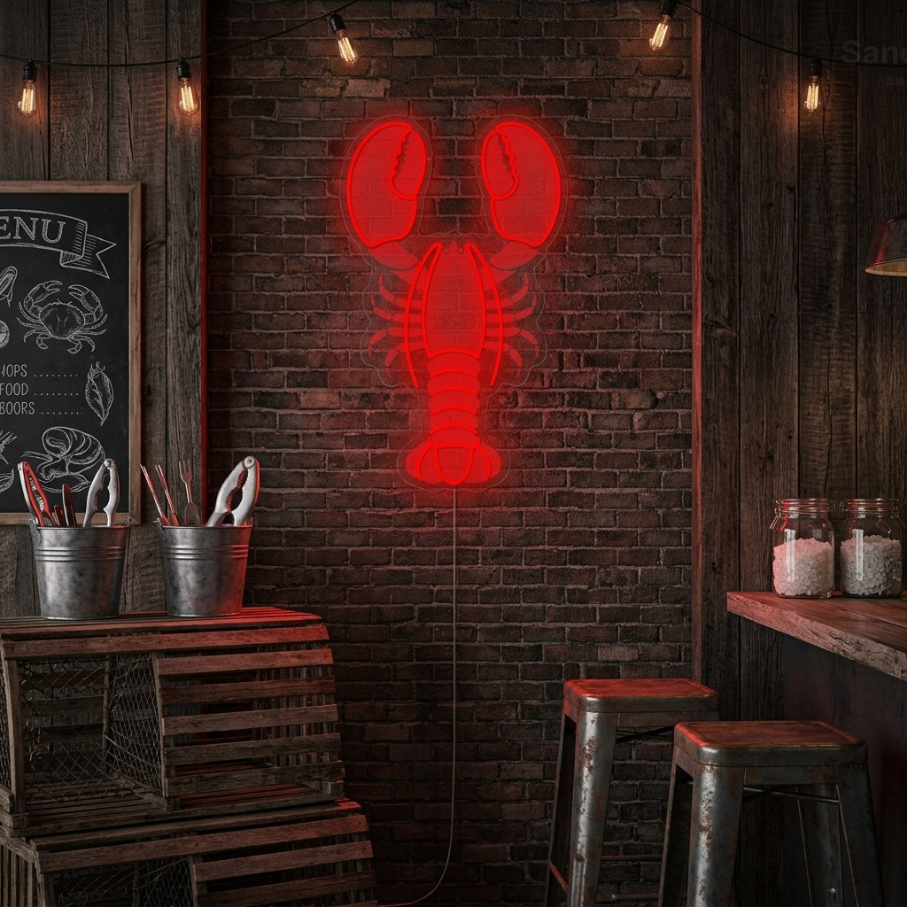 A glowing red Lobster neon sign with UV printed details, mounted on a rustic wooden wall above a seafood dining table.