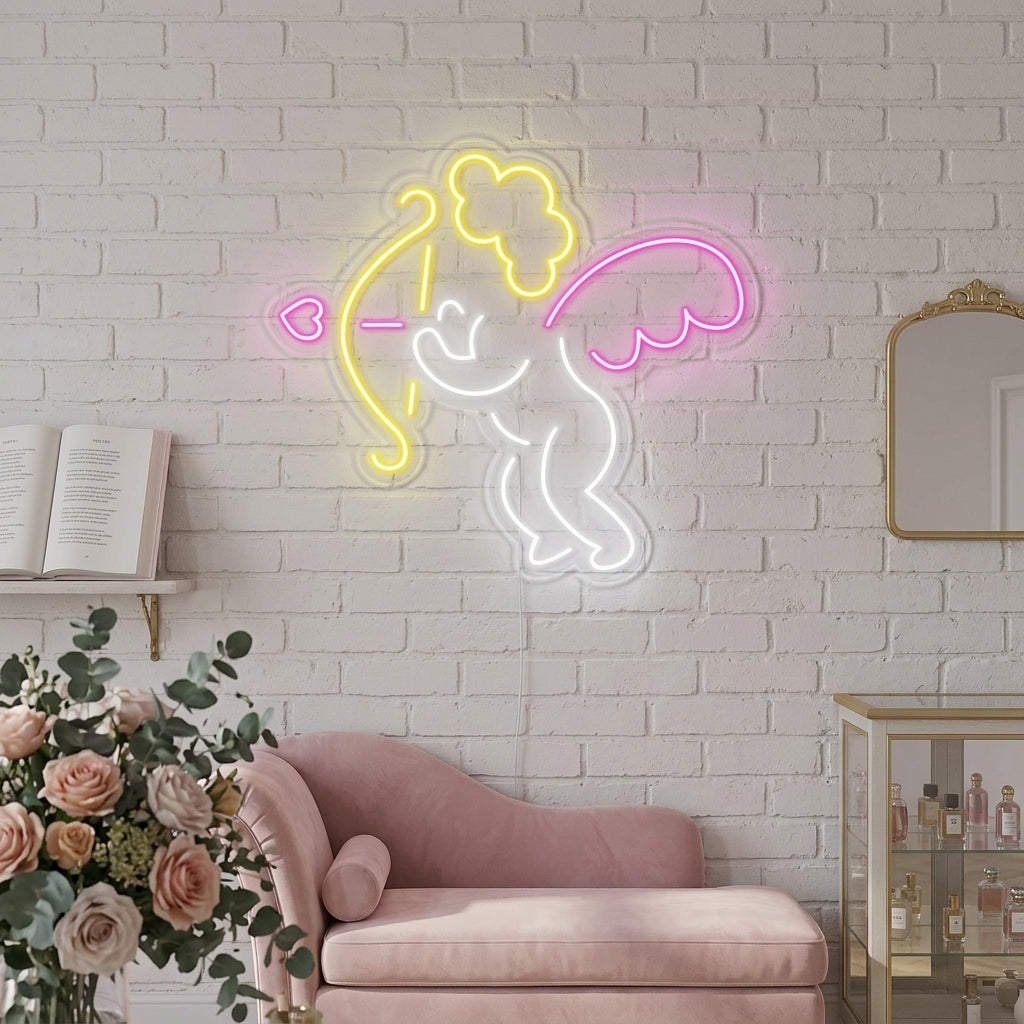 Cupid silhouette neon sign glowing warm pink above a bed in a romantically decorated room.