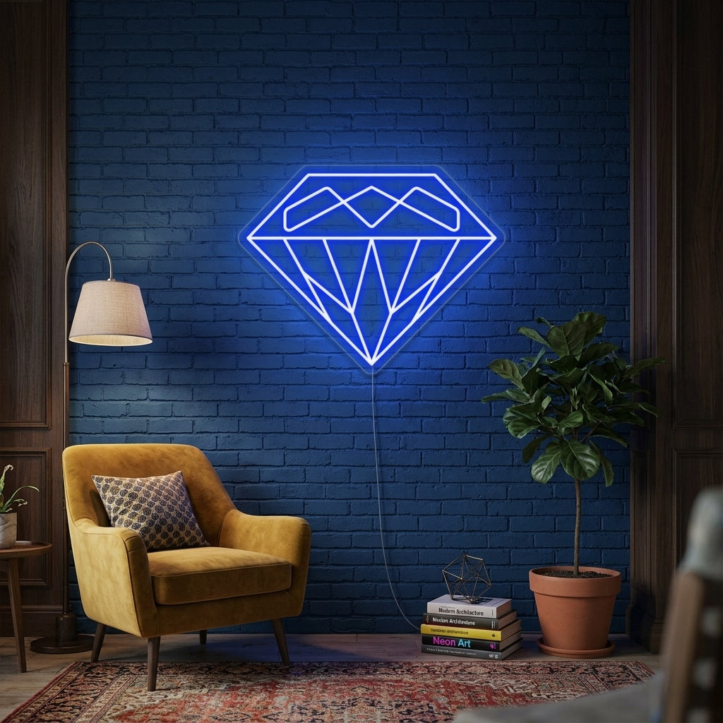 Glowing white diamond neon sign displayed on a stylish, decorated shelf in a modern room.