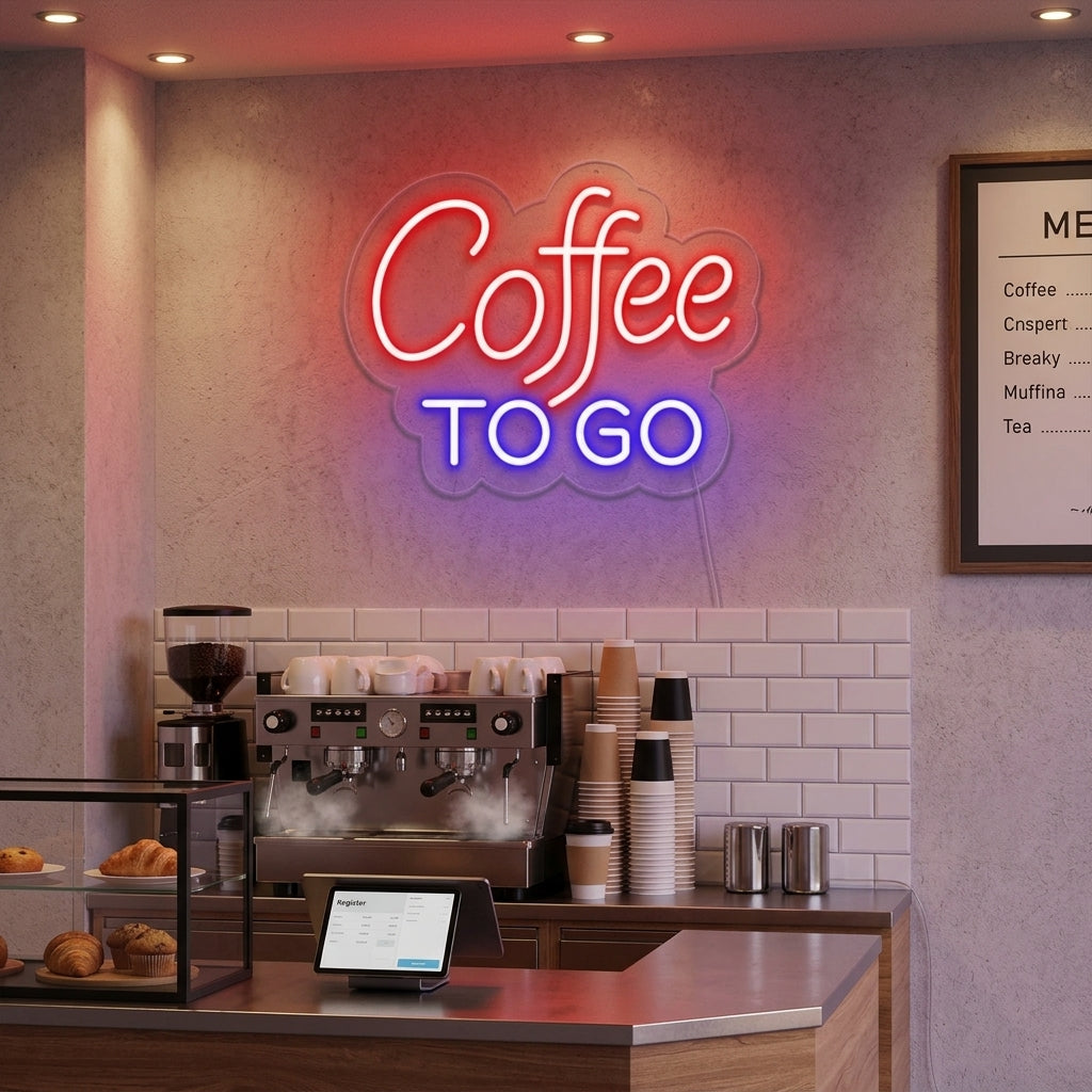 A vibrant 'Coffee To Go' neon sign, glowing warmly above a sleek, modern espresso machine on a wooden countertop in a busy cafe setting.