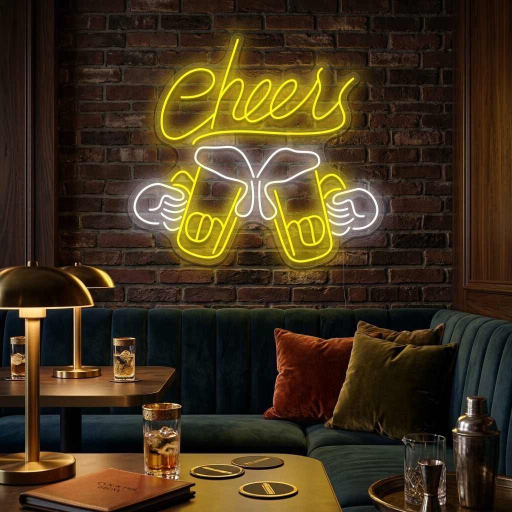 A lifestyle photograph showing the glowing red Cheers neon sign with clinking mugs mounted on a textured brick wall in a cozy home bar setting.