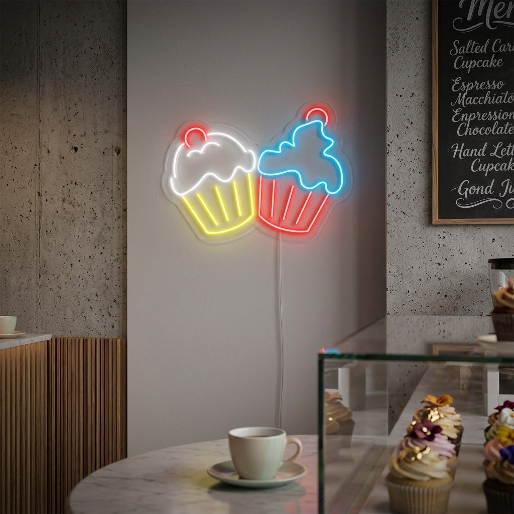 A bright pink and white illuminated 'Cupcakes' neon sign is mounted on a textured brick wall, casting a warm glow in what appears to be a cozy bakery setting.