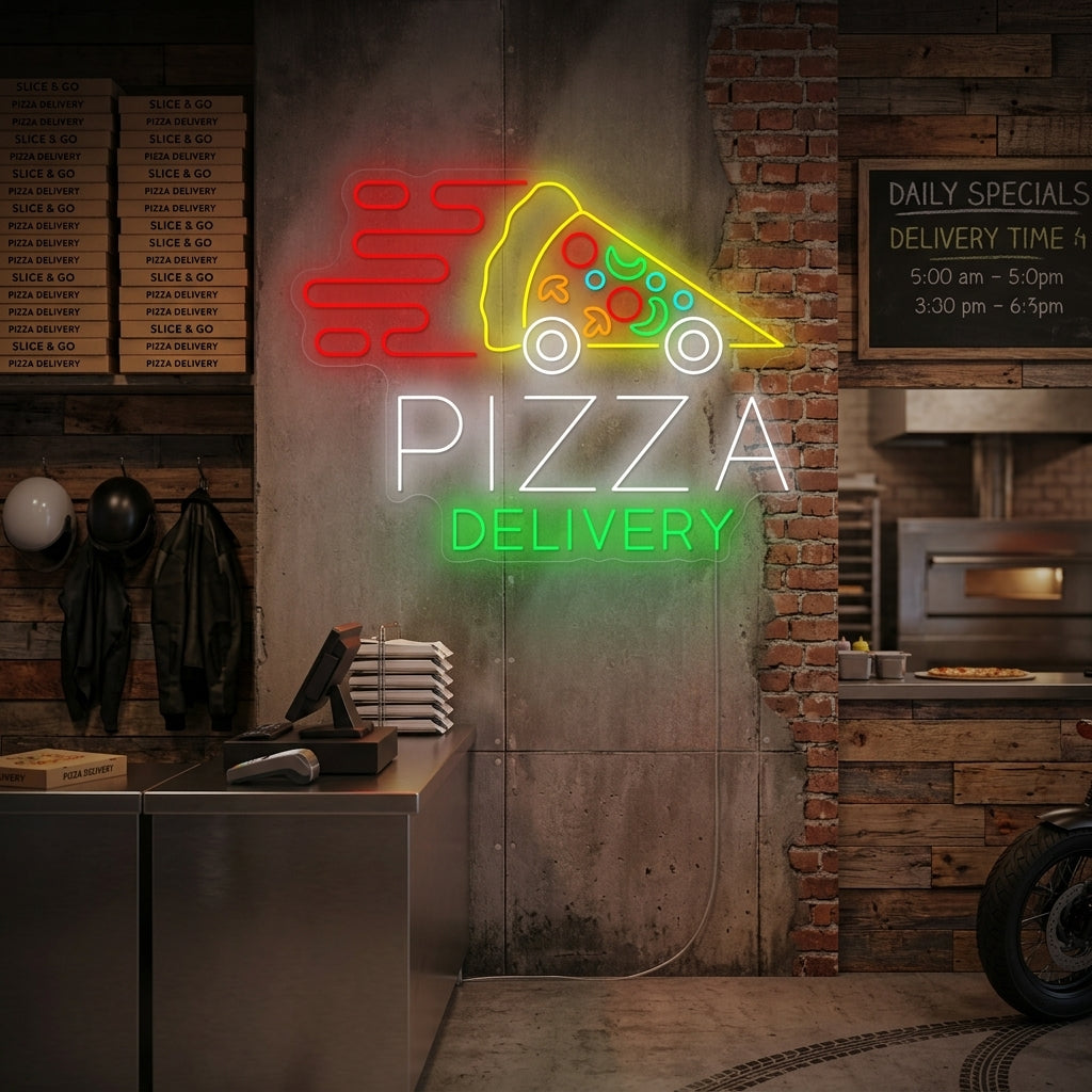 A vibrant 'Pizza Delivery' neon sign, glowing red, white, and yellow on a brick wall in a cozy room with wooden shelves.