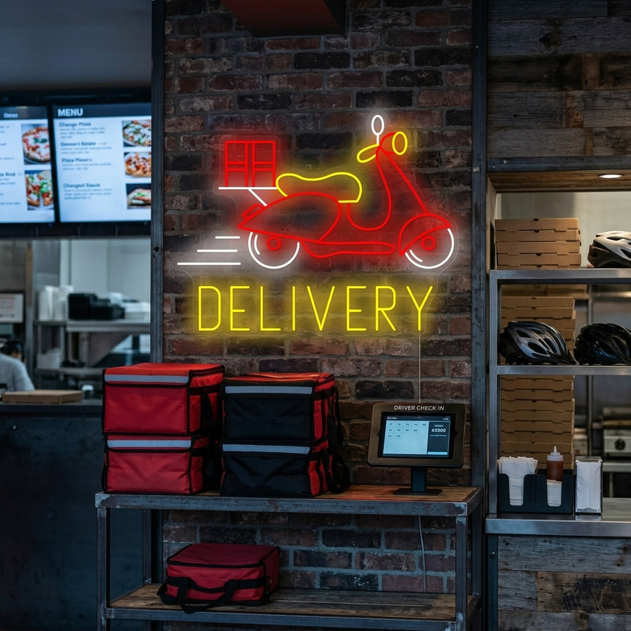 A vibrant 'Food Delivery Logo' neon sign glowing brightly on a brick wall, showcasing a steaming food box with arrows.