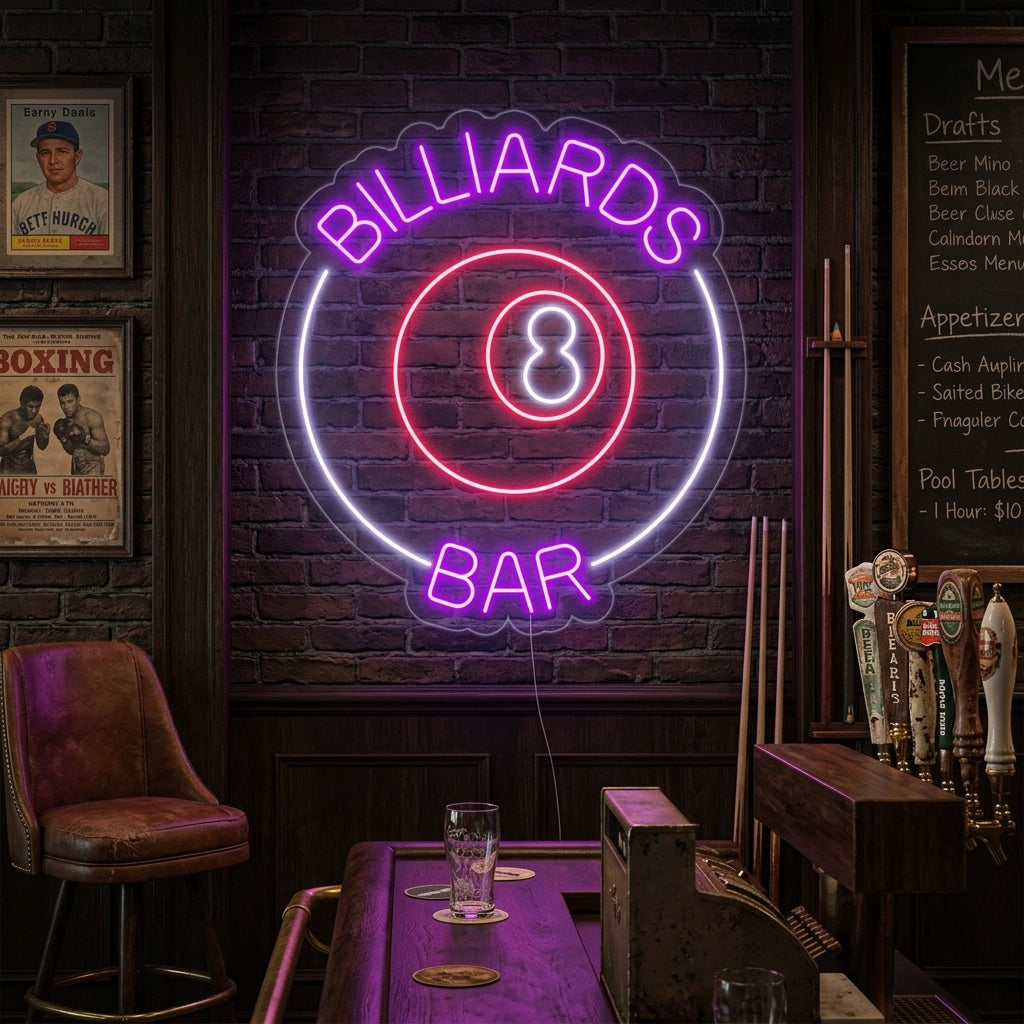 Billiards 8 Bar glowing neon sign displaying an 8 ball graphic and script above a pool table.