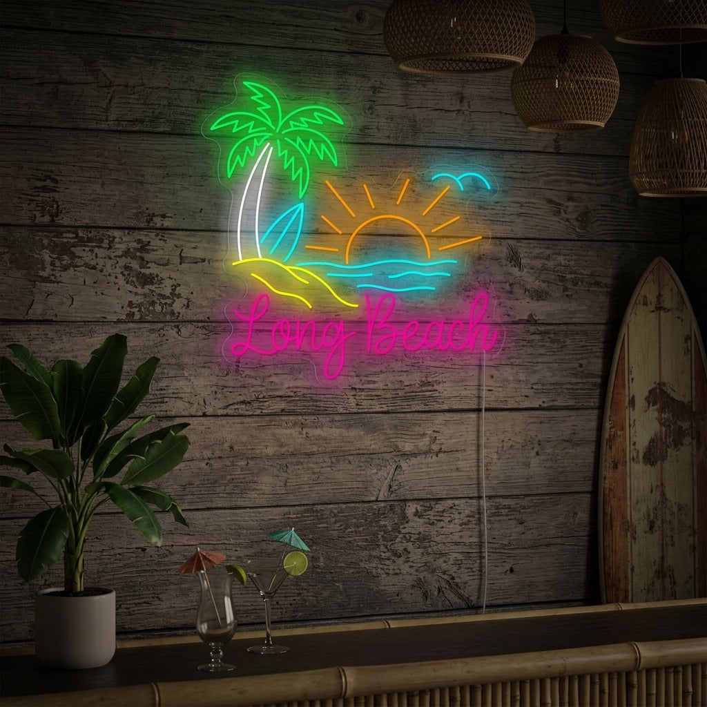 Long Beach script neon sign glowing orange with two blue waves below it, mounted on a rustic wooden plank wall above a couch in a bright living room, capturing a tropical California aesthetic.
