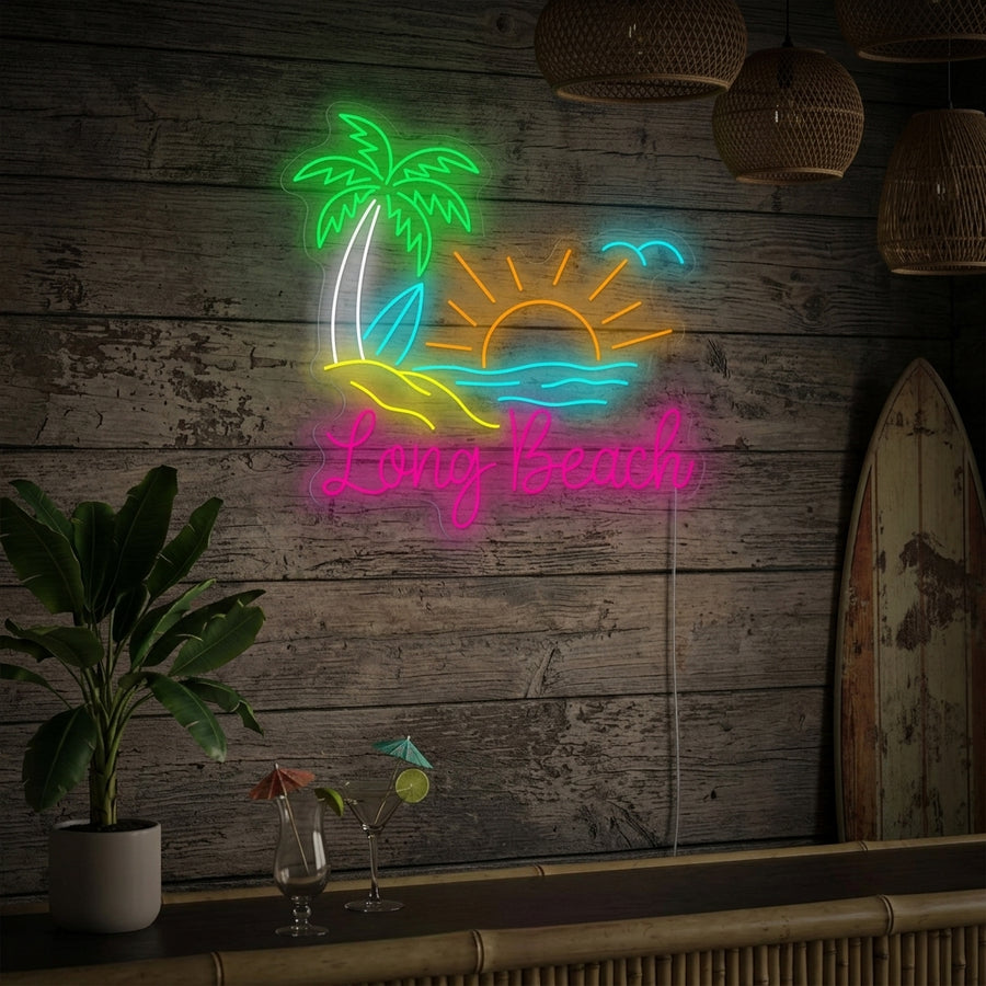 Long Beach script neon sign glowing orange with two blue waves below it, mounted on a rustic wooden plank wall above a couch in a bright living room, capturing a tropical California aesthetic.
