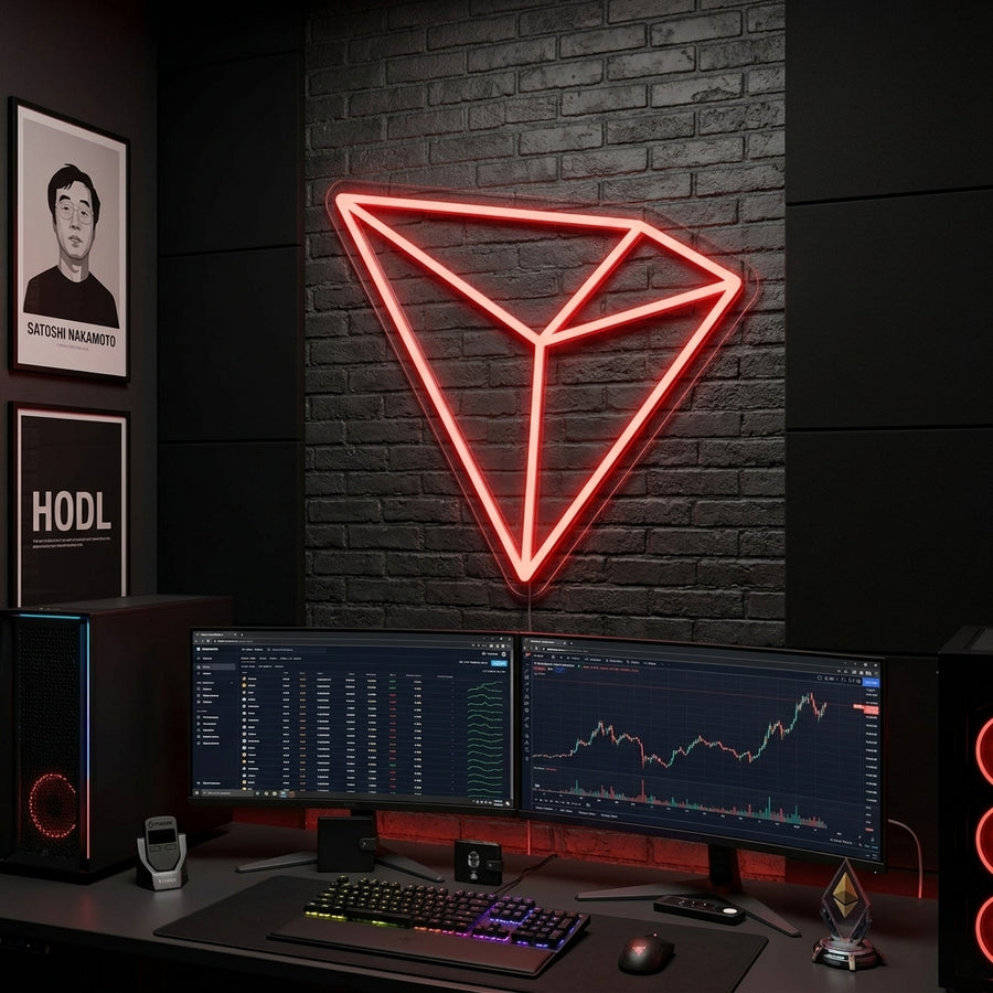 A glowing blue Tron TRX crypto neon sign on a stone wall above a desk with a computer and plants.