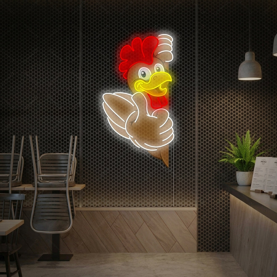 A cartoon chicken giving a thumbs-up gesture, depicted in vibrant, glowing neon lines on a wall in a lively restaurant setting.