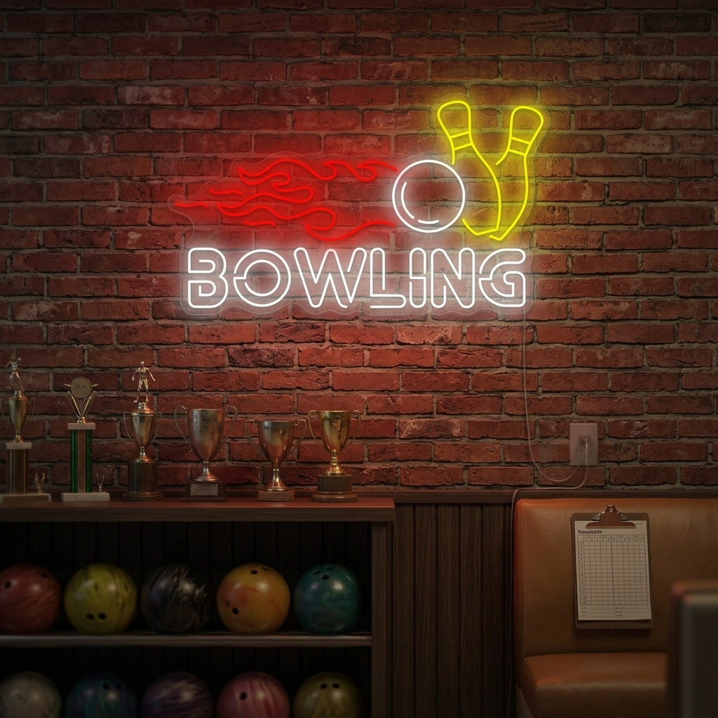 A glowing blue neon sign depicting a bowling ball hitting ten pins on a lane wall above a leather sofa.
