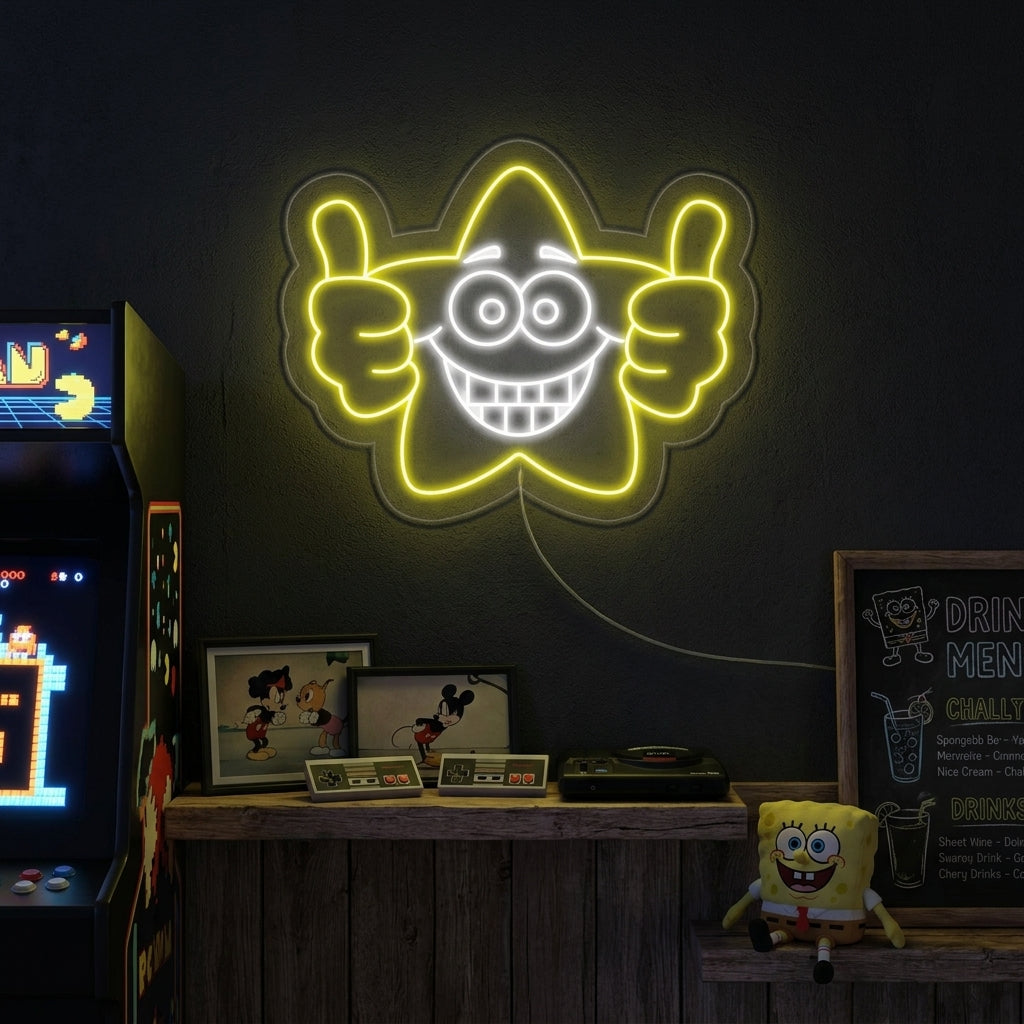 A vibrant 'Good Job Star' neon sign glowing brightly on an exposed brick wall, radiating warm light in a modern creative space.