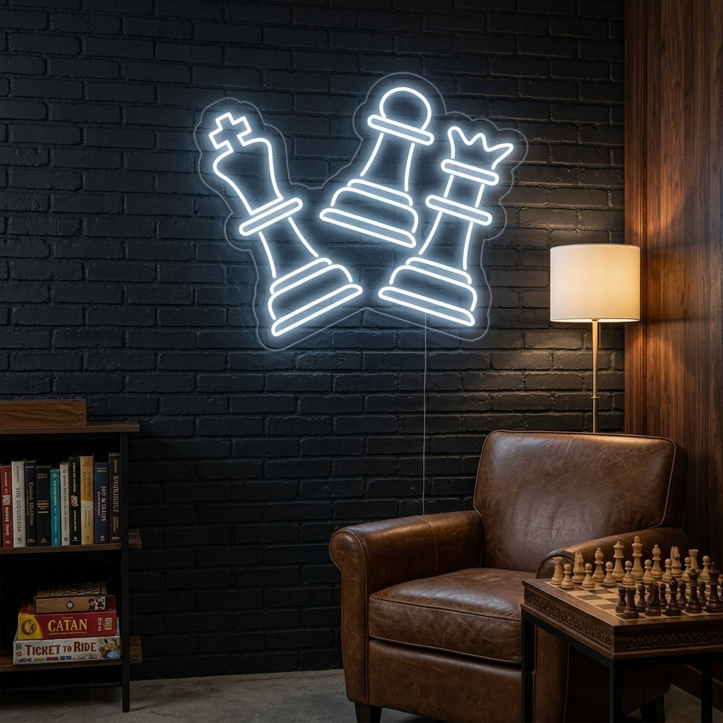 A glowing blue pawn chess piece neon sign mounted on a dark textured wall in a modern living room setting.