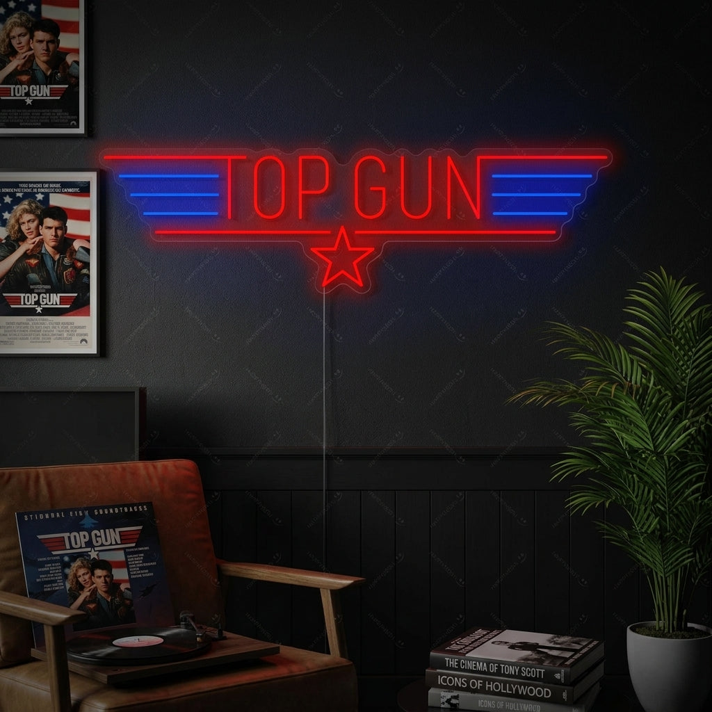 A Top Gun neon sign with classic red and white lighting, illuminating a cozy home theater room with its glowing aviator-inspired design.