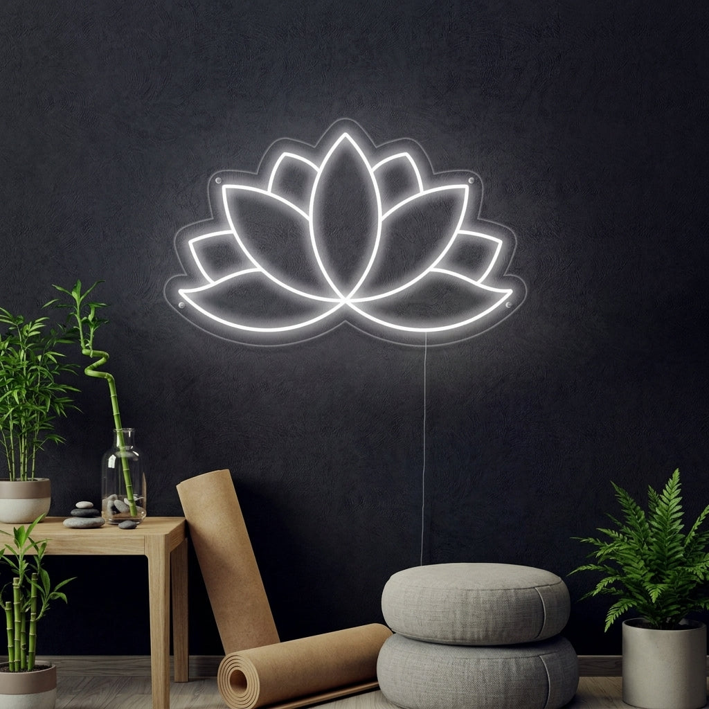 A glowing pink lotus flower neon sign displayed on a textured wall in a modern living room setting.