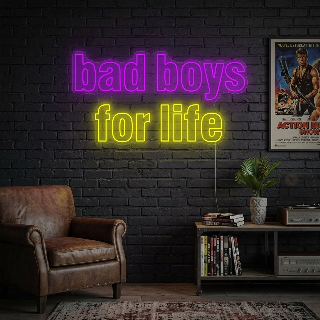A vibrant 'Bad Boys For Life' neon sign glows blue in a contemporary, loft-style setting, perfect for movie enthusiasts.