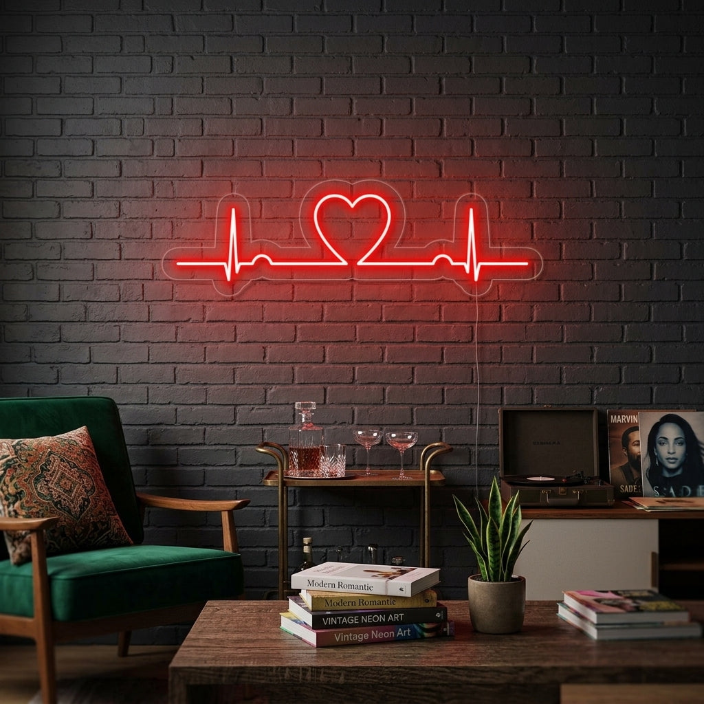 'Love Beat' neon sign glowing above a bed in a modern bedroom