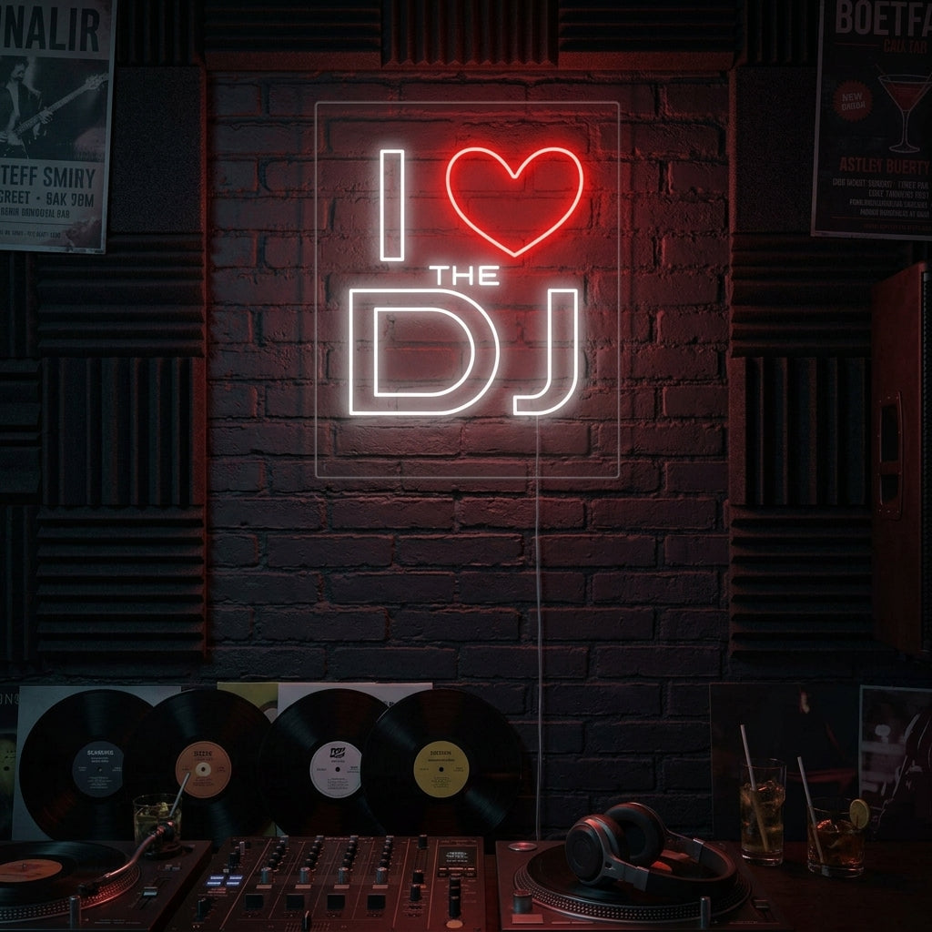 An illuminated neon sign reading "I LOVE THE DJ" with a red heart symbol, glowing brightly in a cozy, music-themed room setting above turntables.