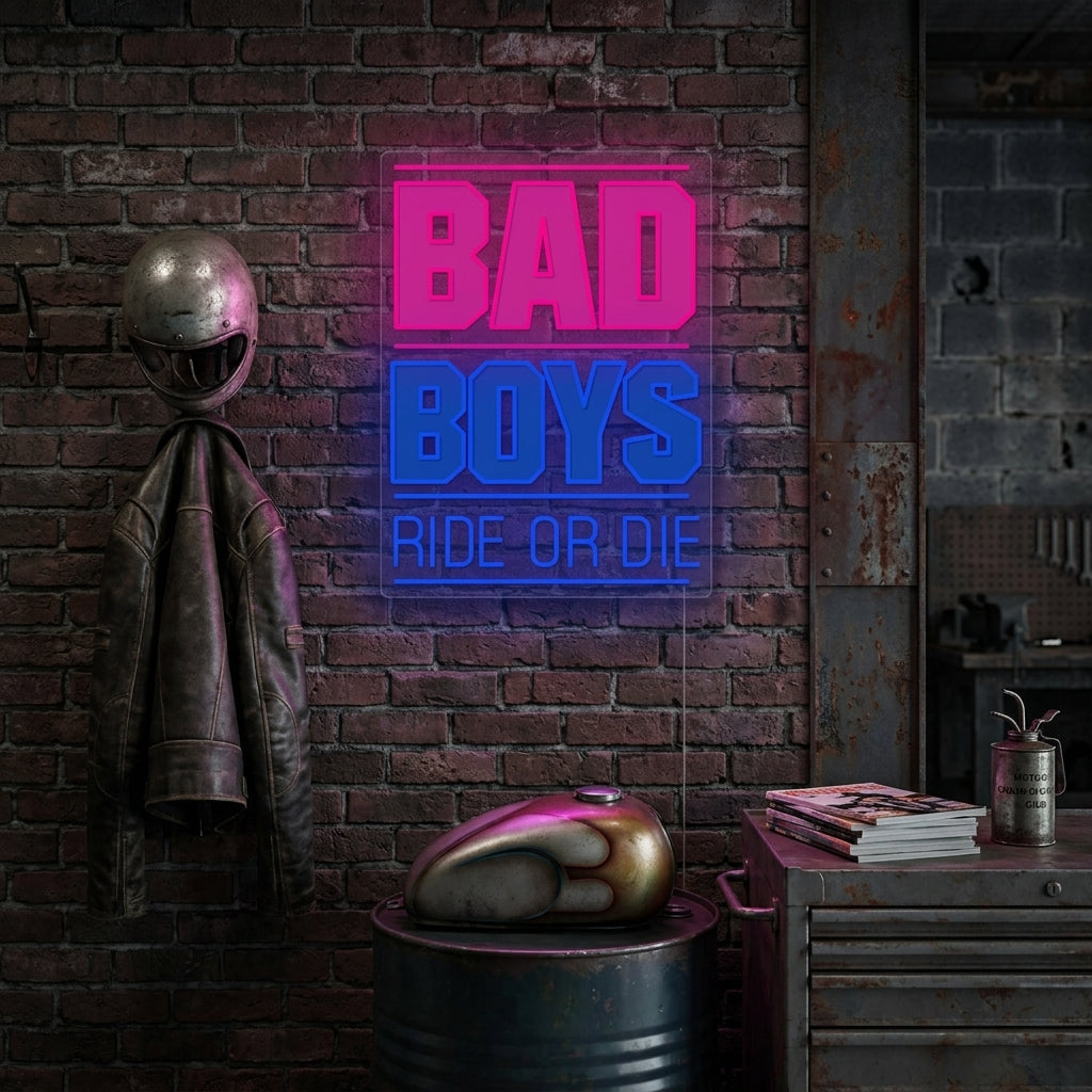 Bad Boys Ride Or Die neon sign glowing brightly on a brick garage wall next to a parked motorcycle, showing a lifestyle setting