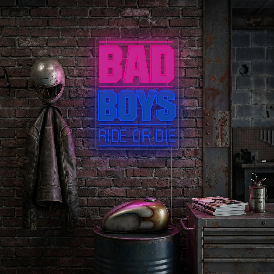 Bad Boys Ride Or Die neon sign glowing brightly on a brick garage wall next to a parked motorcycle, showing a lifestyle setting