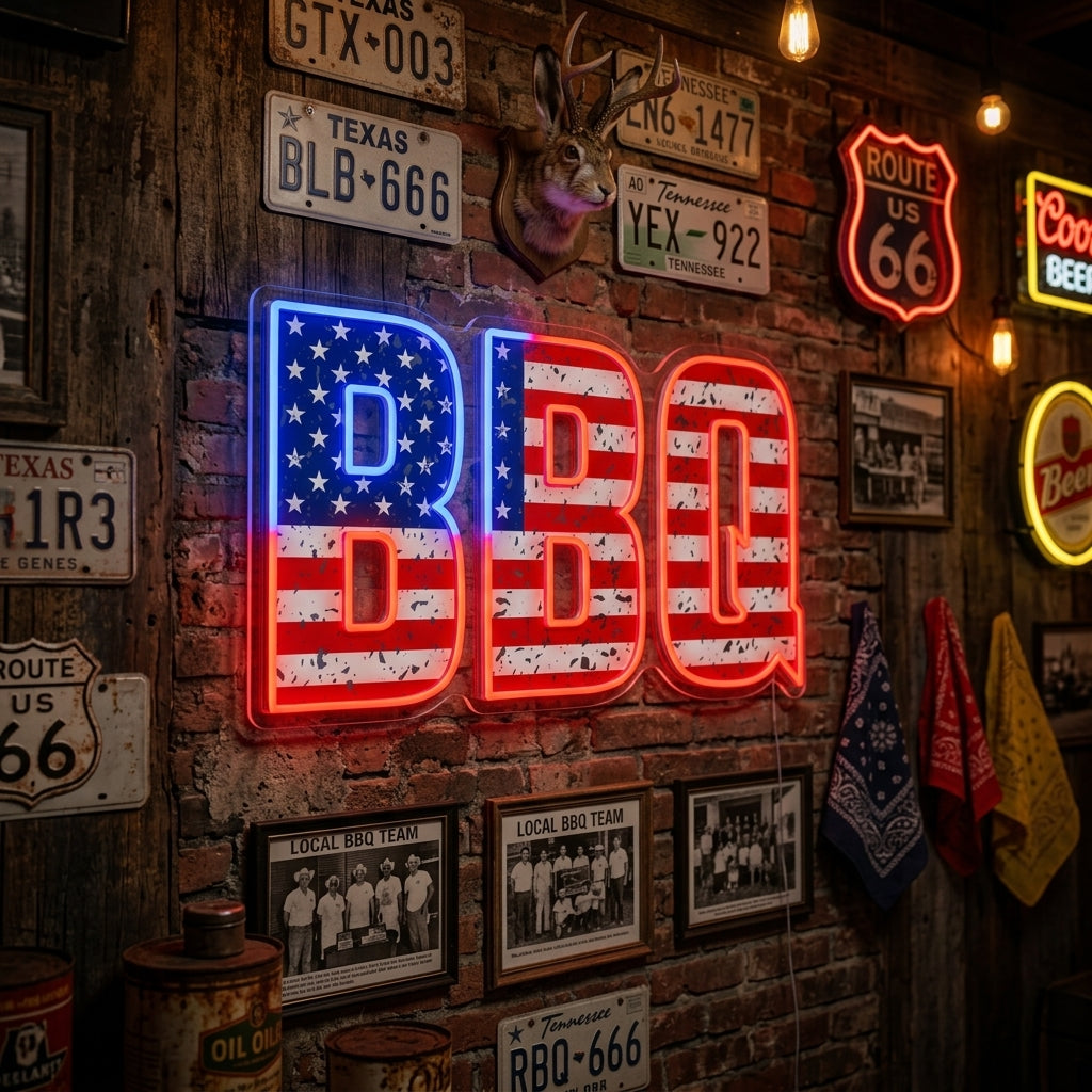 American BBQ neon sign illuminating a cozy outdoor barbecue area with wooden accents.