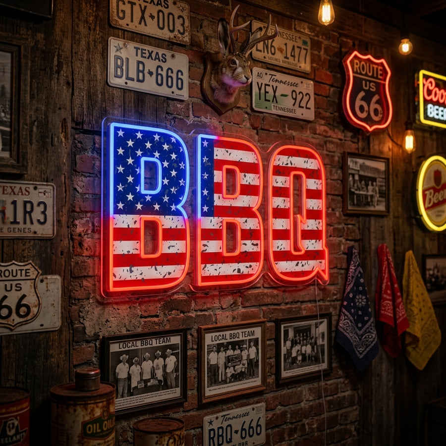American BBQ neon sign illuminating a cozy outdoor barbecue area with wooden accents.