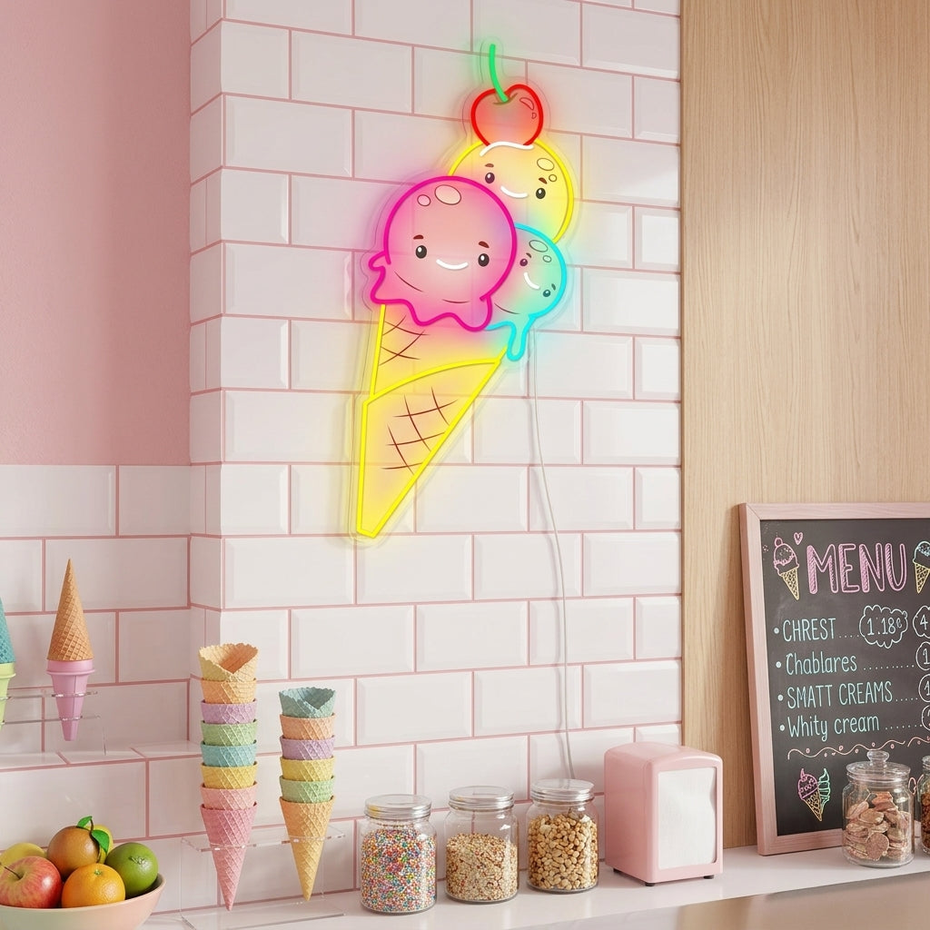 A lifestyle photo showing the glowing 'Cute Ice Cream' neon sign on a textured wall in a modern cafe setting.