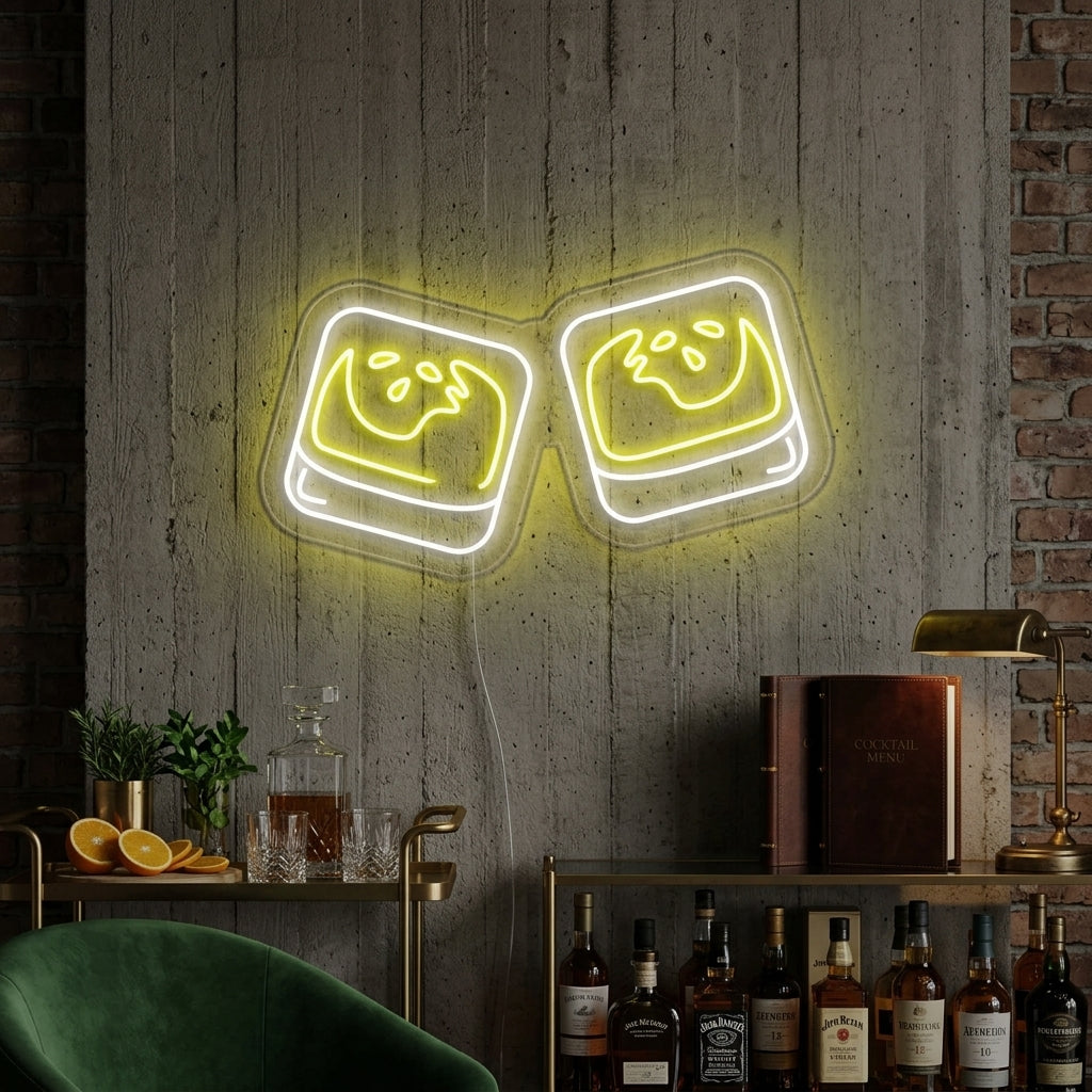 A vibrant 'Two Clinking Scotch' neon sign illuminated on a dark background within a modern bar setting, showing two whiskey glasses with ice sharing a toast.