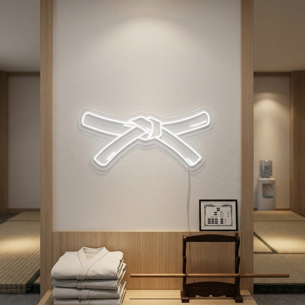 A lifestyle shot of the illuminated karate belt neon sign glowing brightly on a wall in a home gym setting.
