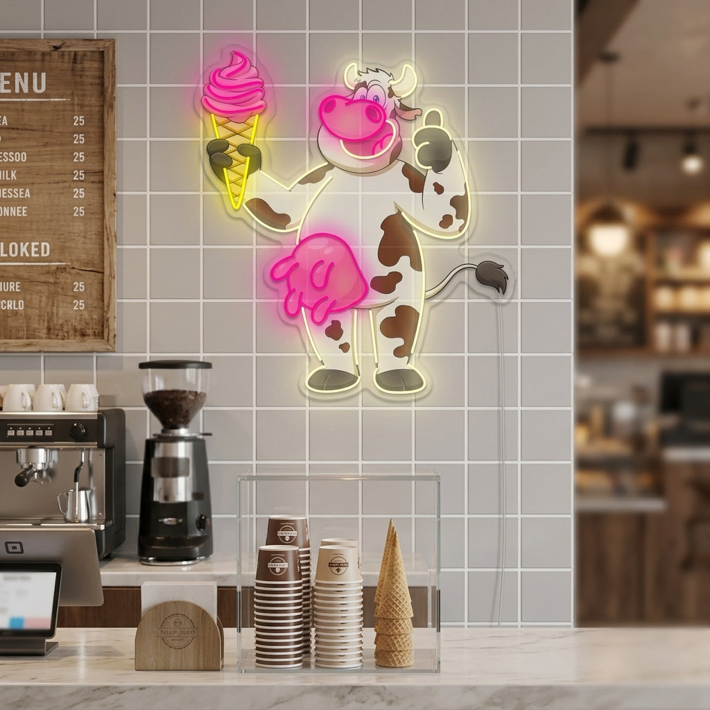 A charming neon wall sign featuring a cartoon cow holding an ice cream cone in a cozy room setting.