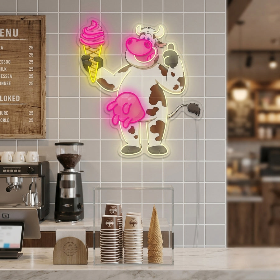 A charming neon wall sign featuring a cartoon cow holding an ice cream cone in a cozy room setting.